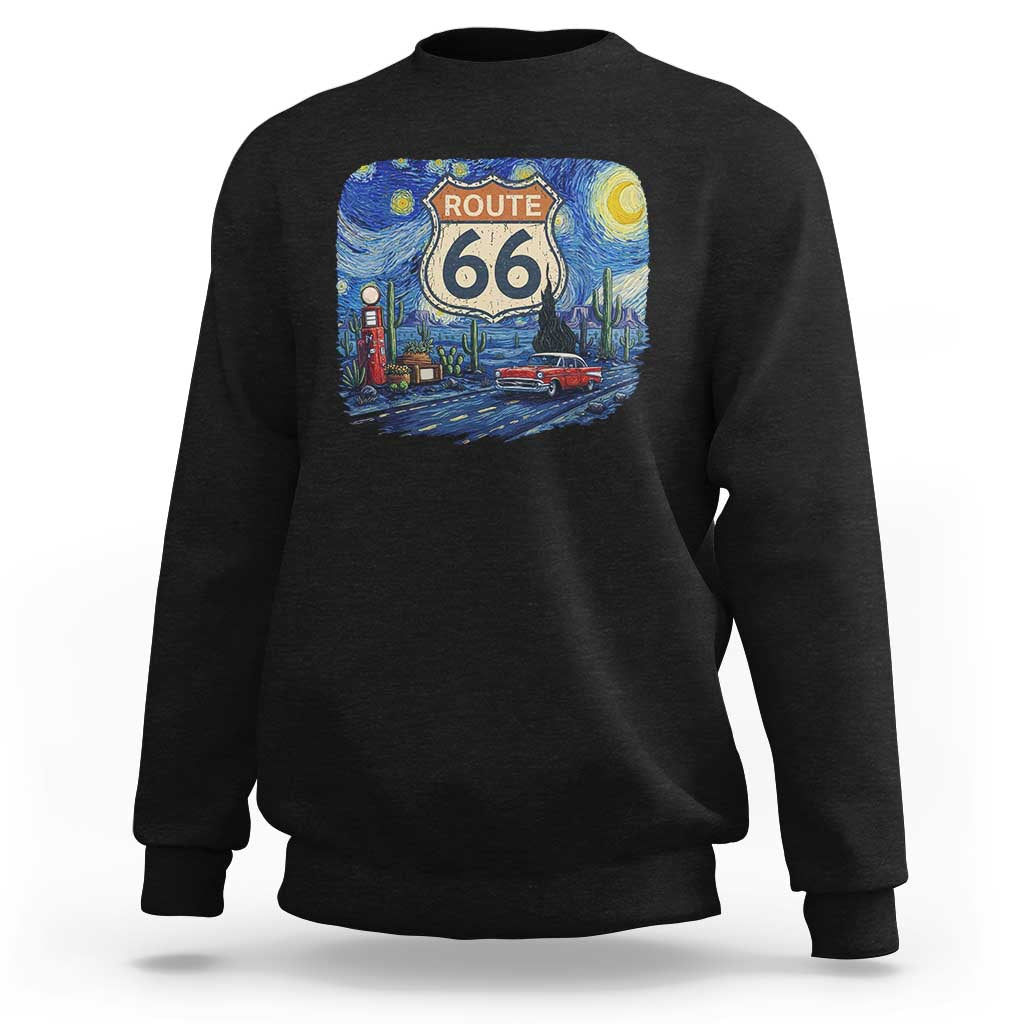 Route Highway 66 Road Sign Distressed Road Trip Starry Night Sweatshirt