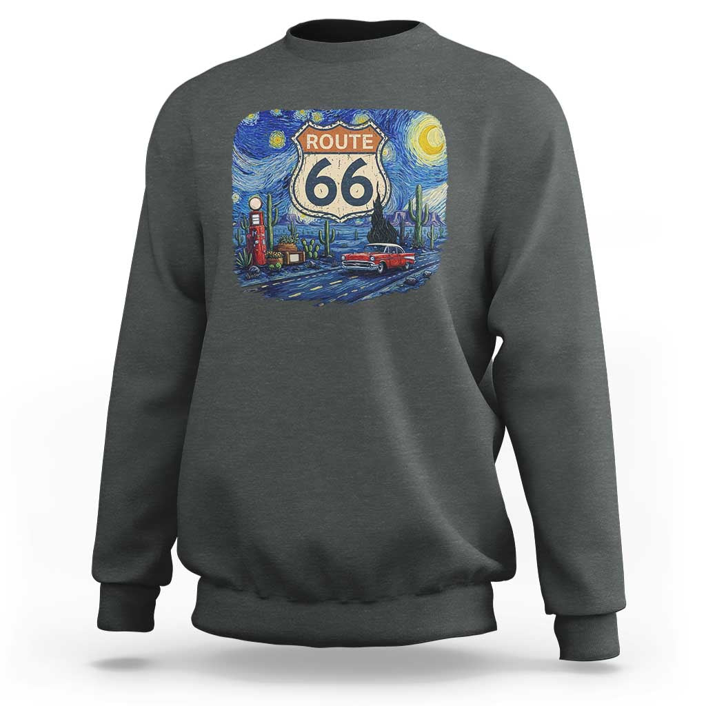 Route Highway 66 Road Sign Distressed Road Trip Starry Night Sweatshirt