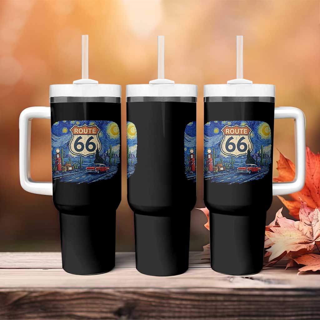 Route Highway 66 Road Sign Distressed Road Trip Starry Night Tumbler With Handle