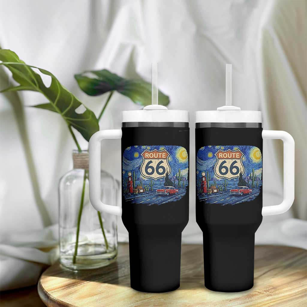 Route Highway 66 Road Sign Distressed Road Trip Starry Night Tumbler With Handle