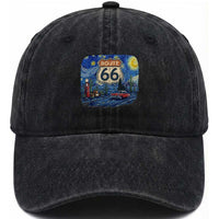 Route Highway 66 Road Sign Distressed Road Trip Starry Night Washed Cotton Baseball Cap