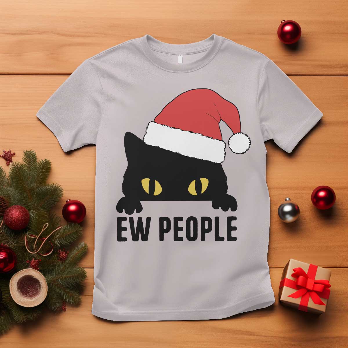 Funny Cat Christmas T Shirt Ew People Anti Social Grumpy Cat Xmas - Wonder Print Shop