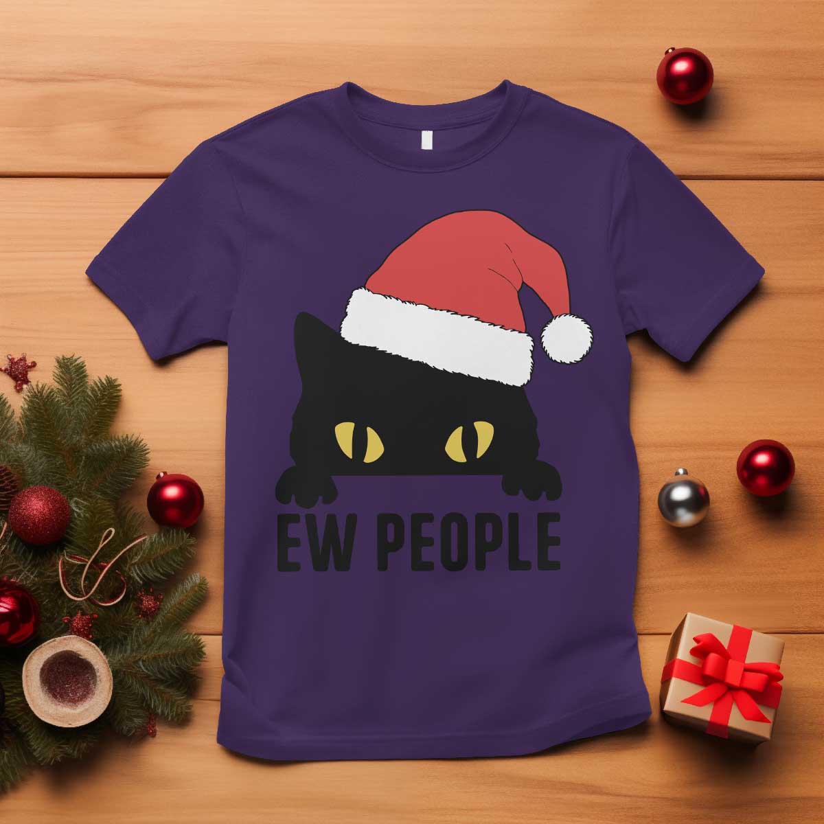 Funny Cat Christmas T Shirt Ew People Anti Social Grumpy Cat Xmas - Wonder Print Shop