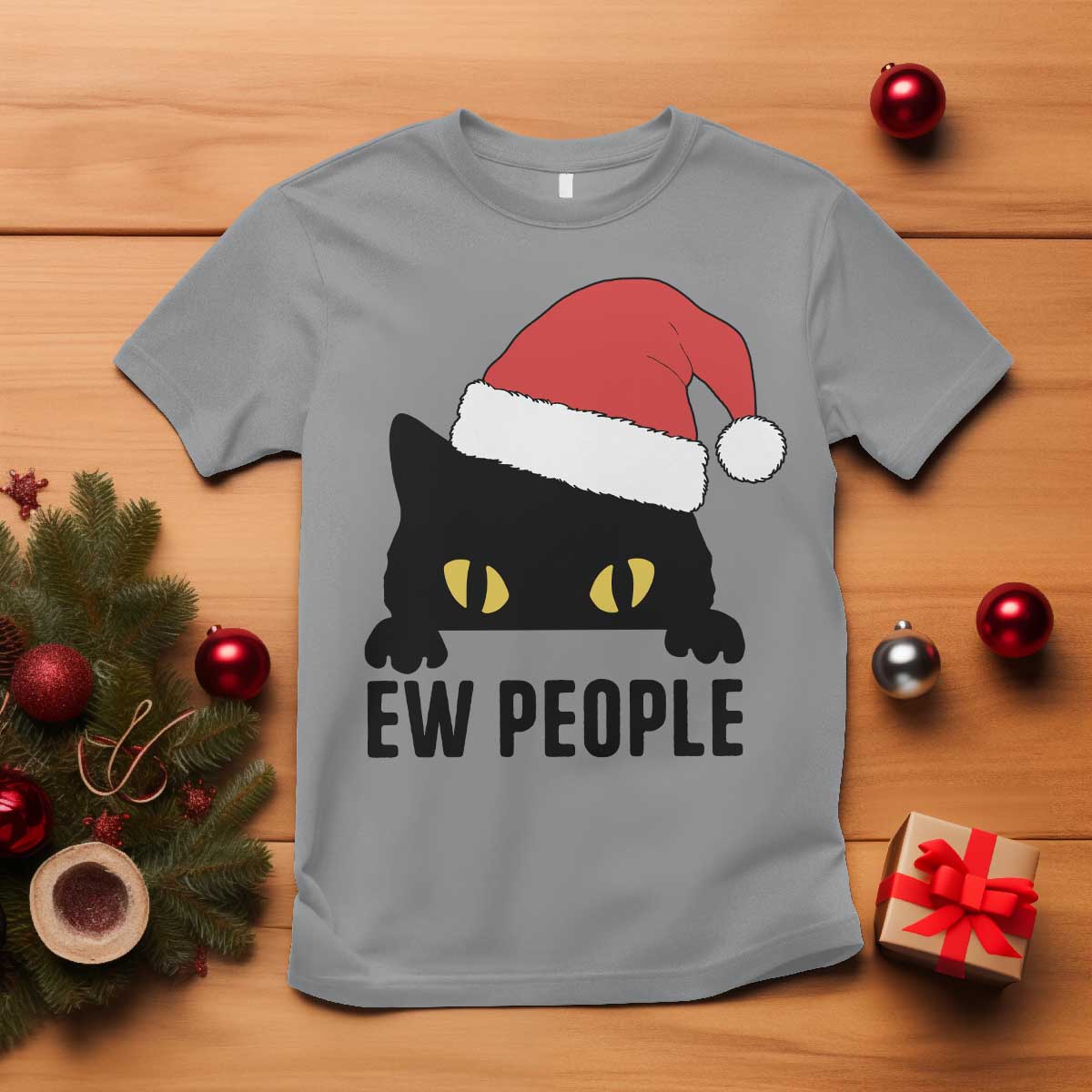 Funny Cat Christmas T Shirt Ew People Anti Social Grumpy Cat Xmas - Wonder Print Shop