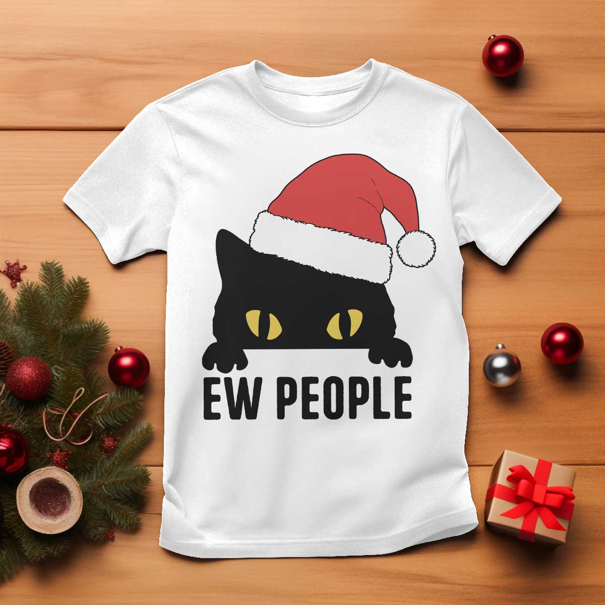 Funny Cat Christmas T Shirt Ew People Anti Social Grumpy Cat Xmas - Wonder Print Shop