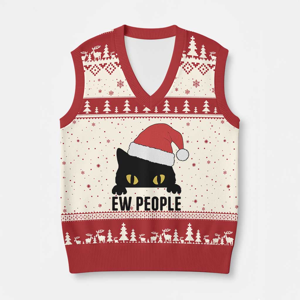 Funny Cat Xmas V-Neck Knit Sweater Vest Ew People Anti Social Grumpy Cat Xmas - Wonder Print Shop
