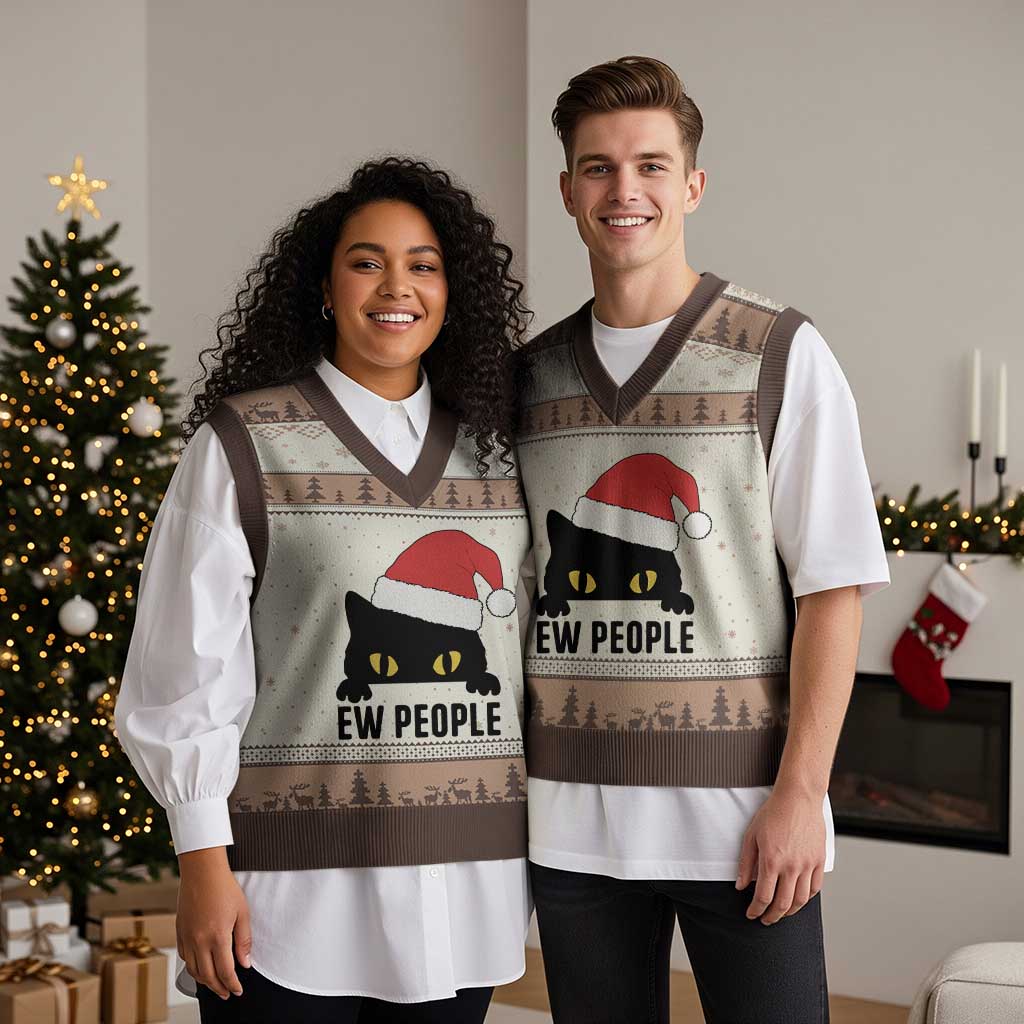 Funny Cat Xmas V-Neck Knit Sweater Vest Ew People Anti Social Grumpy Cat Xmas - Wonder Print Shop