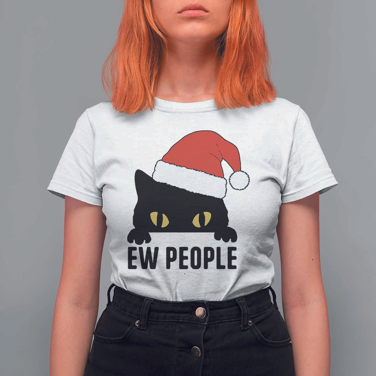 Funny Cat Christmas T Shirt For Women Ew People Anti Social Grumpy Cat Xmas - Wonder Print Shop