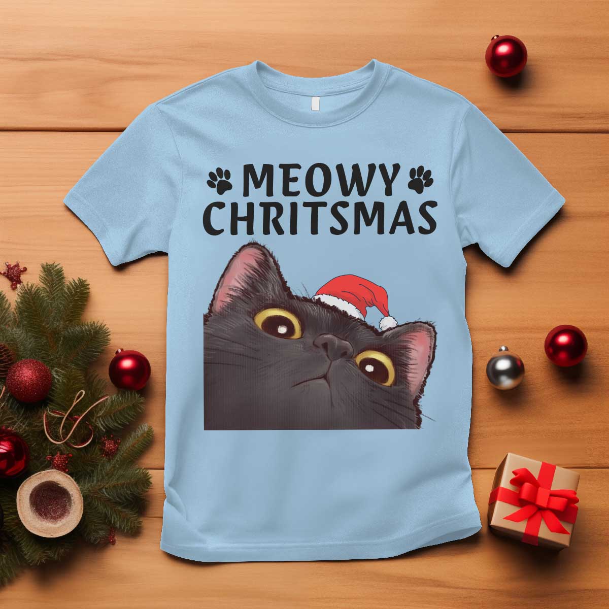 Funny Black Cat Christmas T Shirt Cute Kitty Xmas - Wonder Print Shop