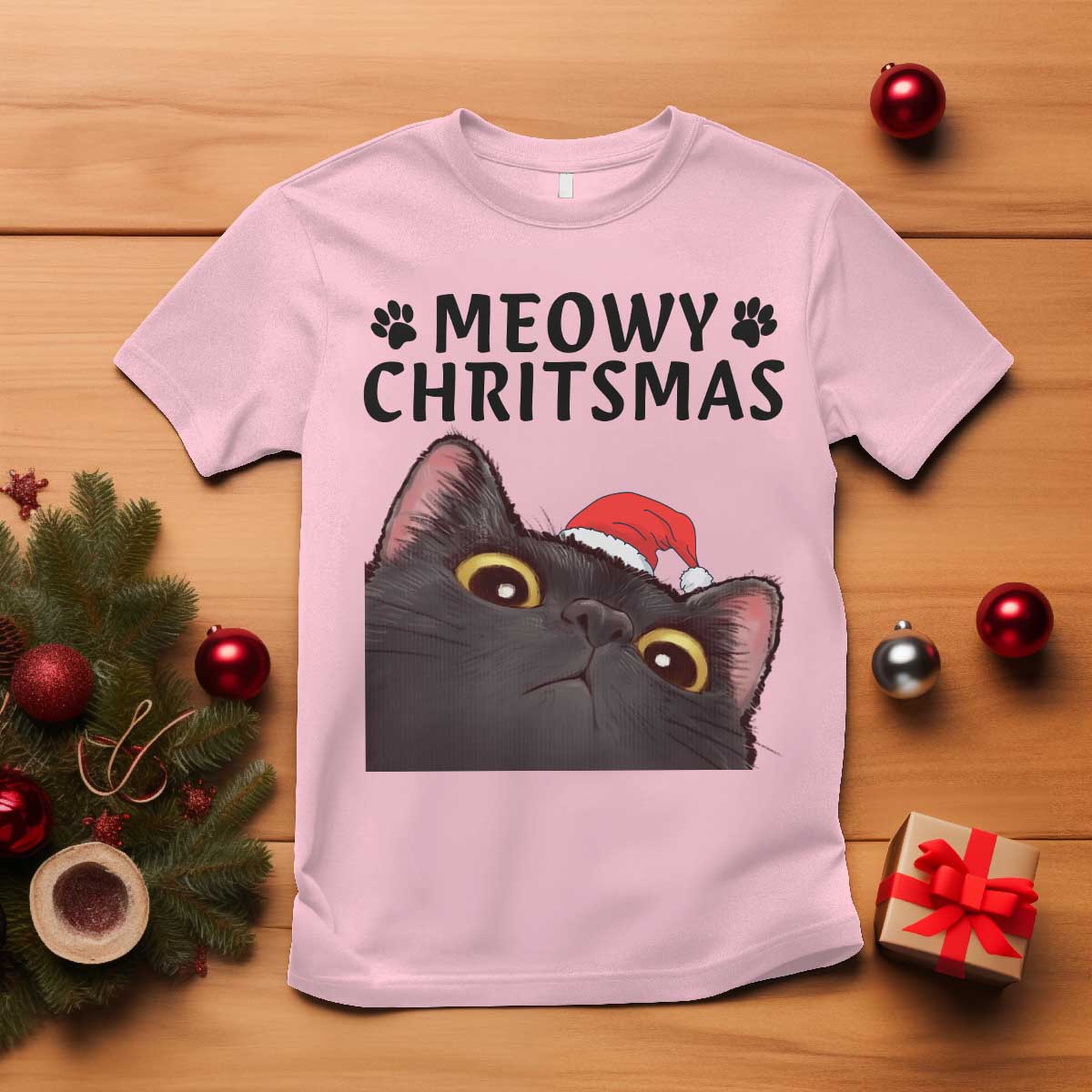 Funny Black Cat Christmas T Shirt Cute Kitty Xmas - Wonder Print Shop
