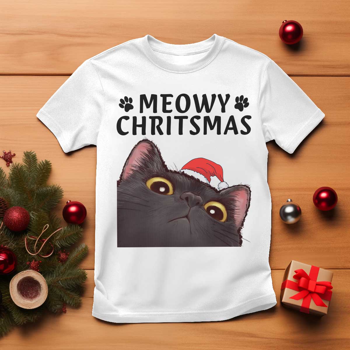 Funny Black Cat Christmas T Shirt Cute Kitty Xmas - Wonder Print Shop
