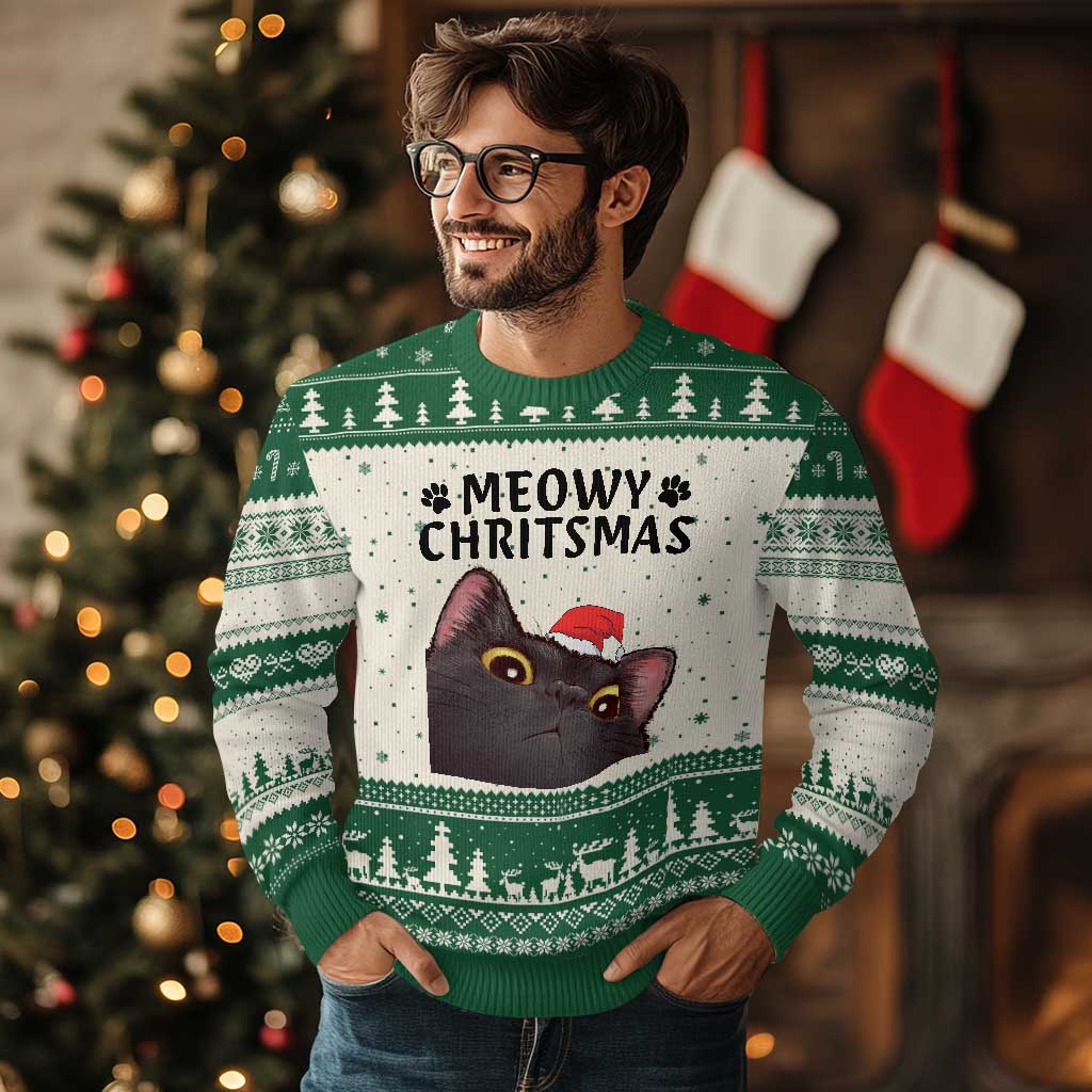 Funny Black Cat Xmas Ugly Christmas Sweater Cute Kitty Xmas - Wonder Print Shop