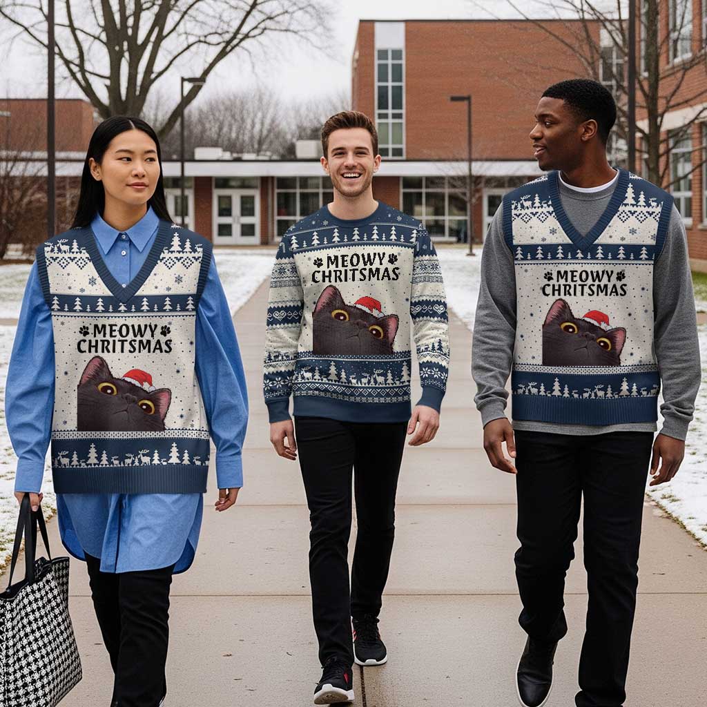 Funny Black Cat Xmas V-Neck Knit Sweater Vest Cute Kitty Xmas - Wonder Print Shop