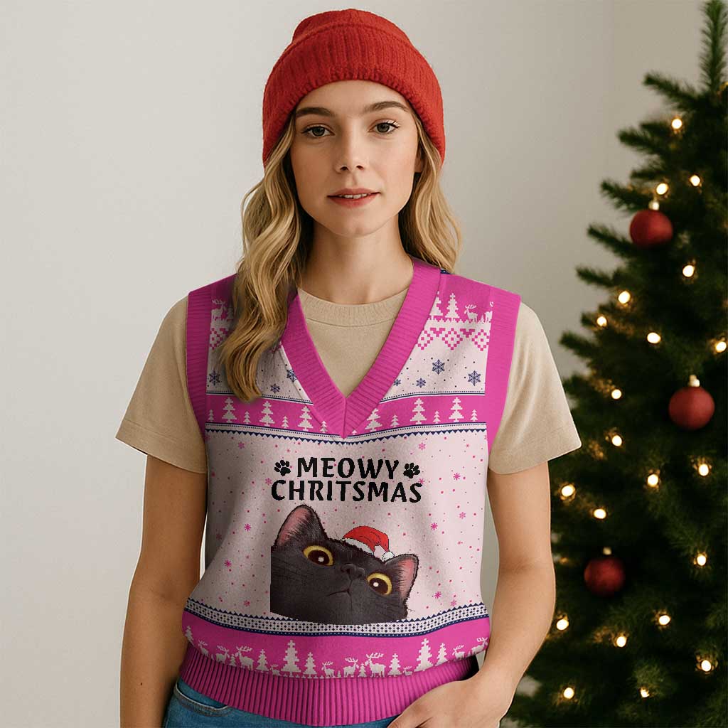 Funny Black Cat Xmas V-Neck Knit Sweater Vest Cute Kitty Xmas - Wonder Print Shop
