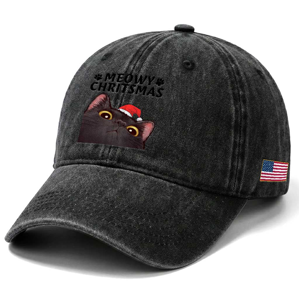 Funny Black Cat Christmas Washed Cotton Baseball Cap Cute Kitty Xmas
