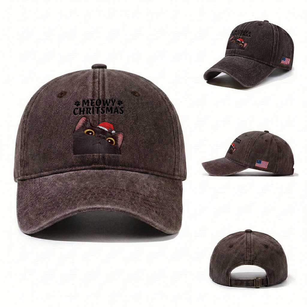 Funny Black Cat Christmas Washed Cotton Baseball Cap Cute Kitty Xmas