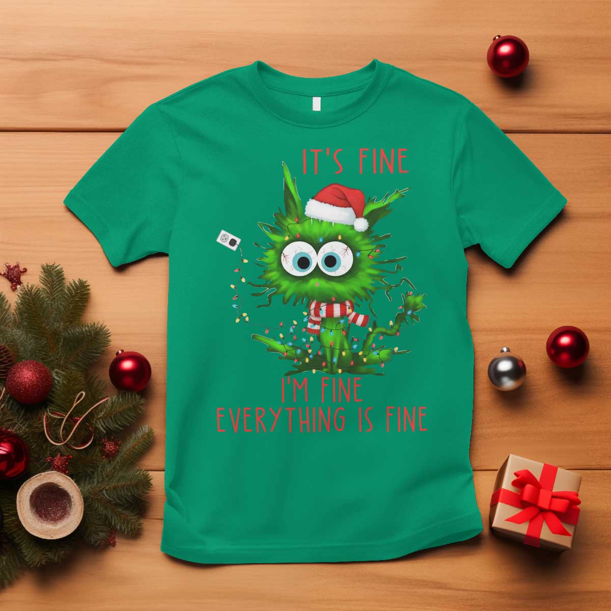 Funny Cat Green Christmas T Shirt It Is Fine I Am Fine Everything Is Fine - Wonder Print Shop