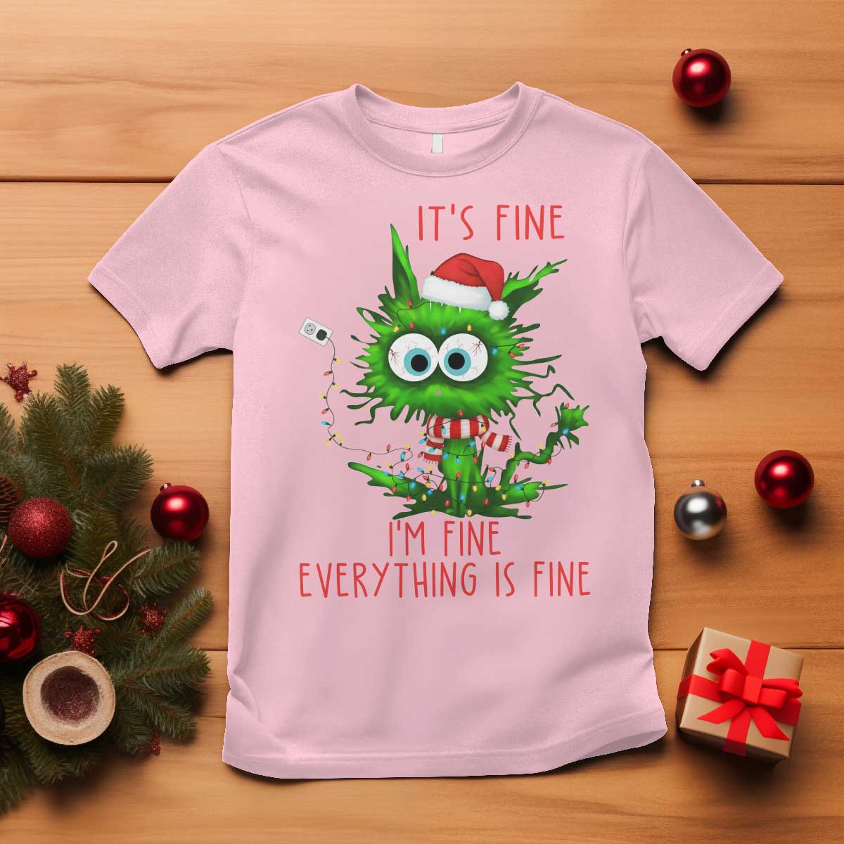 Funny Cat Green Christmas T Shirt It Is Fine I Am Fine Everything Is Fine - Wonder Print Shop