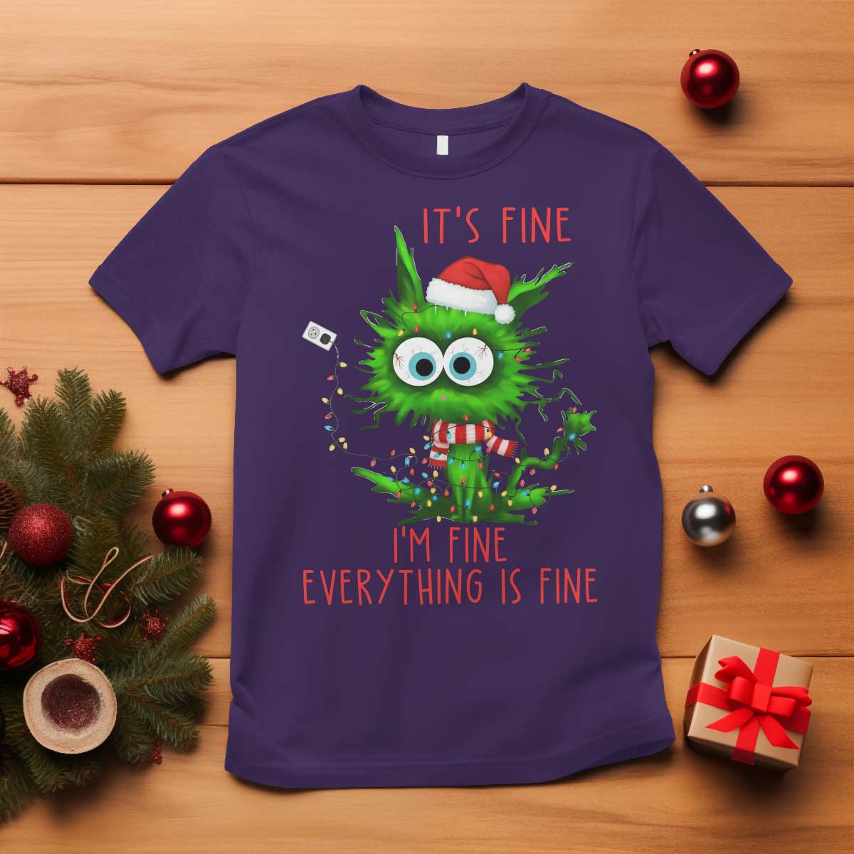 Funny Cat Green Christmas T Shirt It Is Fine I Am Fine Everything Is Fine - Wonder Print Shop