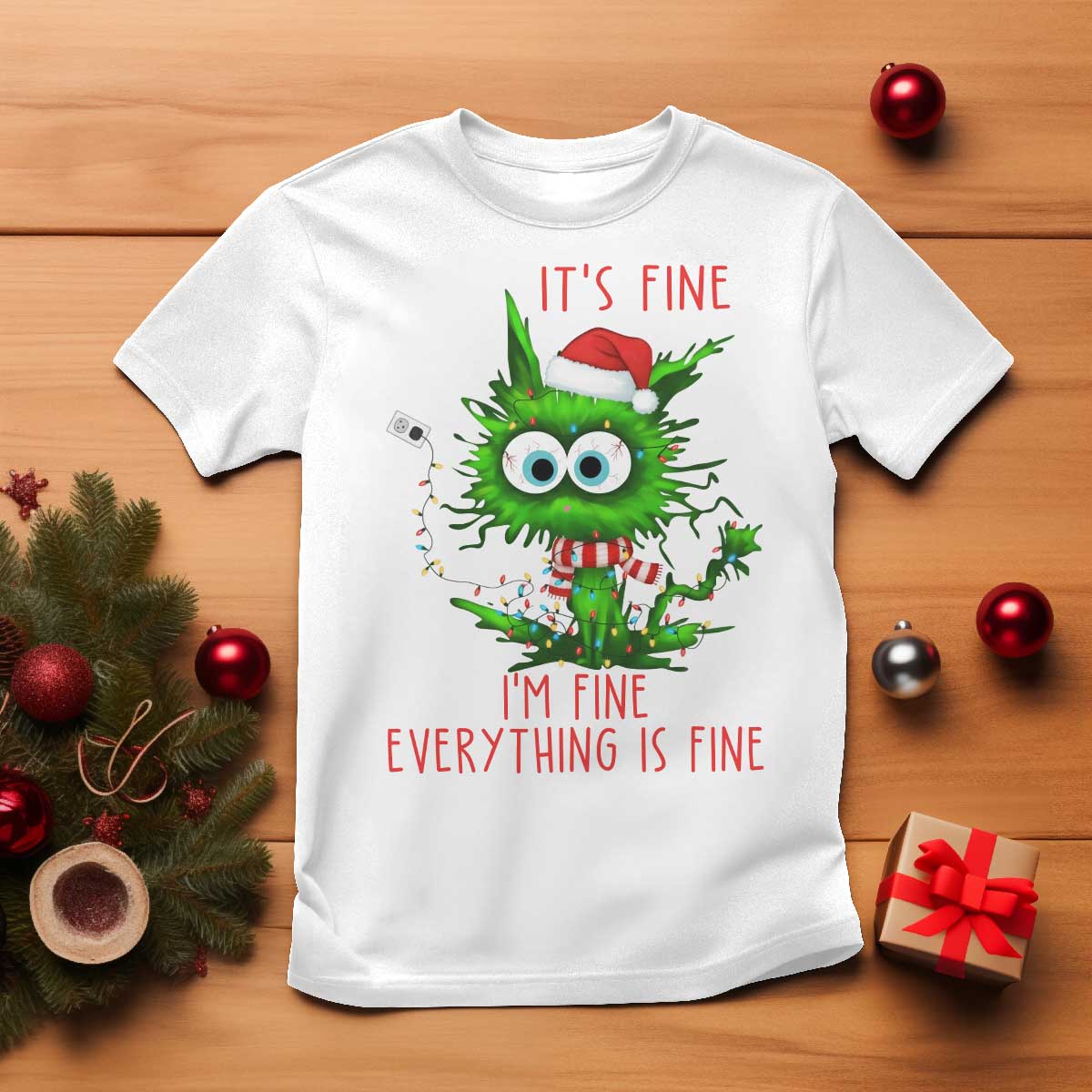 Funny Cat Green Christmas T Shirt It Is Fine I Am Fine Everything Is Fine - Wonder Print Shop