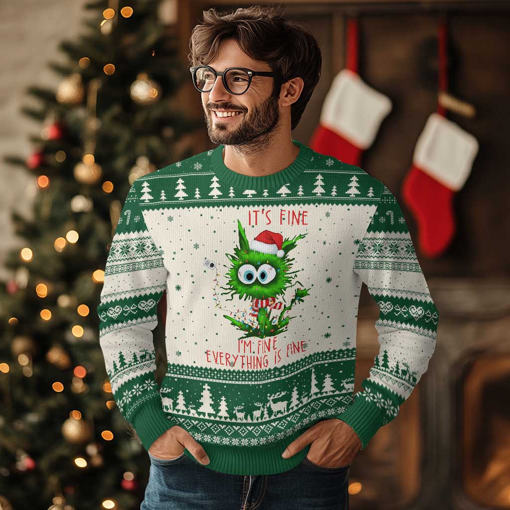 Funny Cat Green Xmas Ugly Christmas Sweater It Is Fine I Am Fine Everything Is Fine - Wonder Print Shop