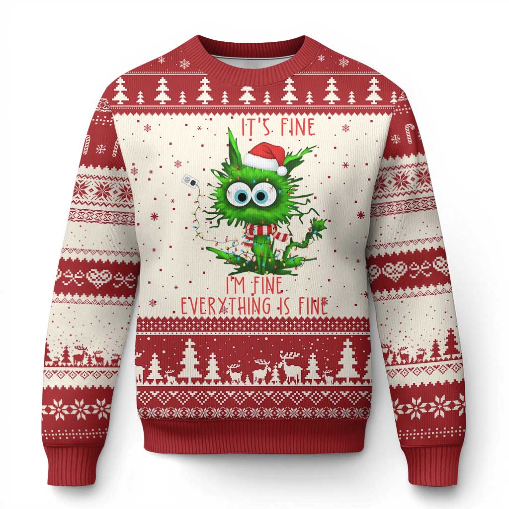 Funny Cat Green Xmas Ugly Christmas Sweater It Is Fine I Am Fine Everything Is Fine - Wonder Print Shop