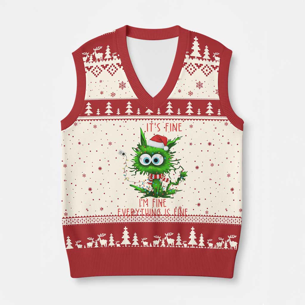 Funny Cat Green Xmas V-Neck Knit Sweater Vest It Is Fine I Am Fine Everything Is Fine - Wonder Print Shop