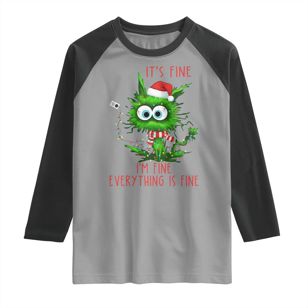 Funny Cat Green Christmas Raglan Shirt It Is Fine I Am Fine Everything Is Fine - Wonder Print Shop