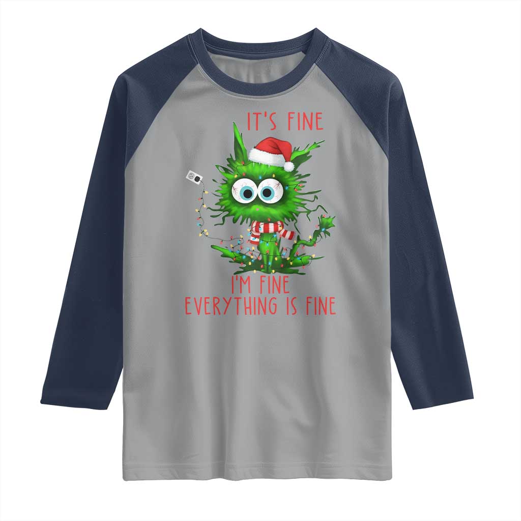 Funny Cat Green Christmas Raglan Shirt It Is Fine I Am Fine Everything Is Fine - Wonder Print Shop