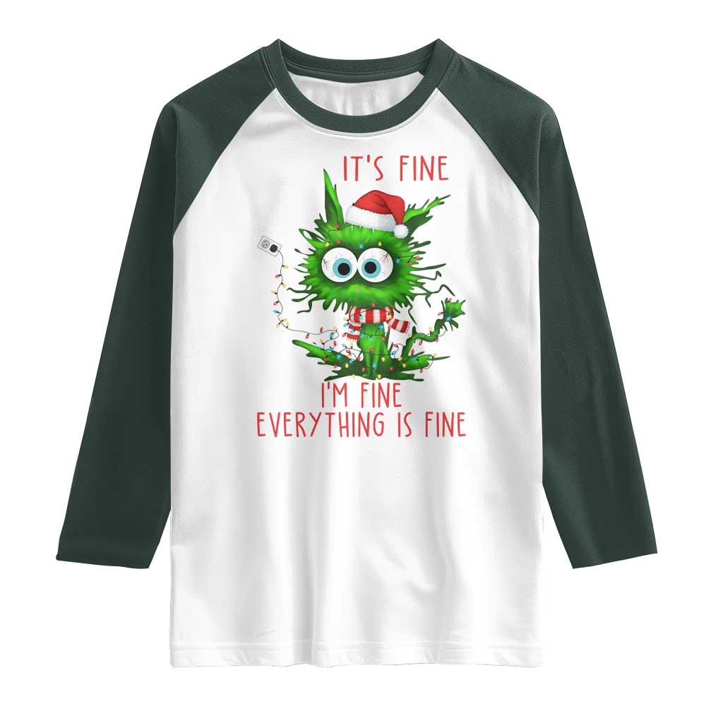 Funny Cat Green Christmas Raglan Shirt It Is Fine I Am Fine Everything Is Fine - Wonder Print Shop