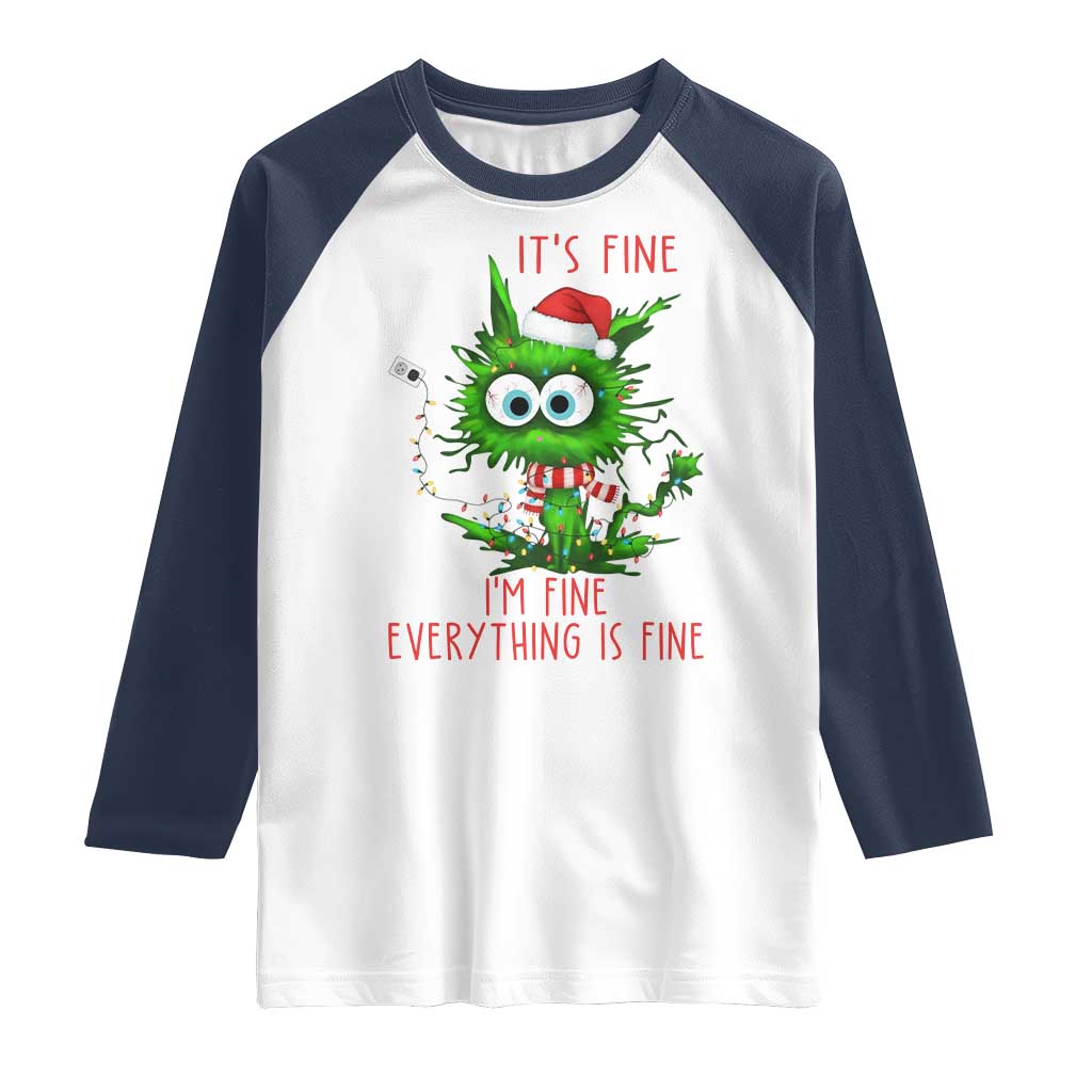 Funny Cat Green Christmas Raglan Shirt It Is Fine I Am Fine Everything Is Fine - Wonder Print Shop