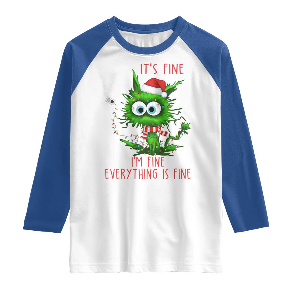 Funny Cat Green Christmas Raglan Shirt It Is Fine I Am Fine Everything Is Fine - Wonder Print Shop
