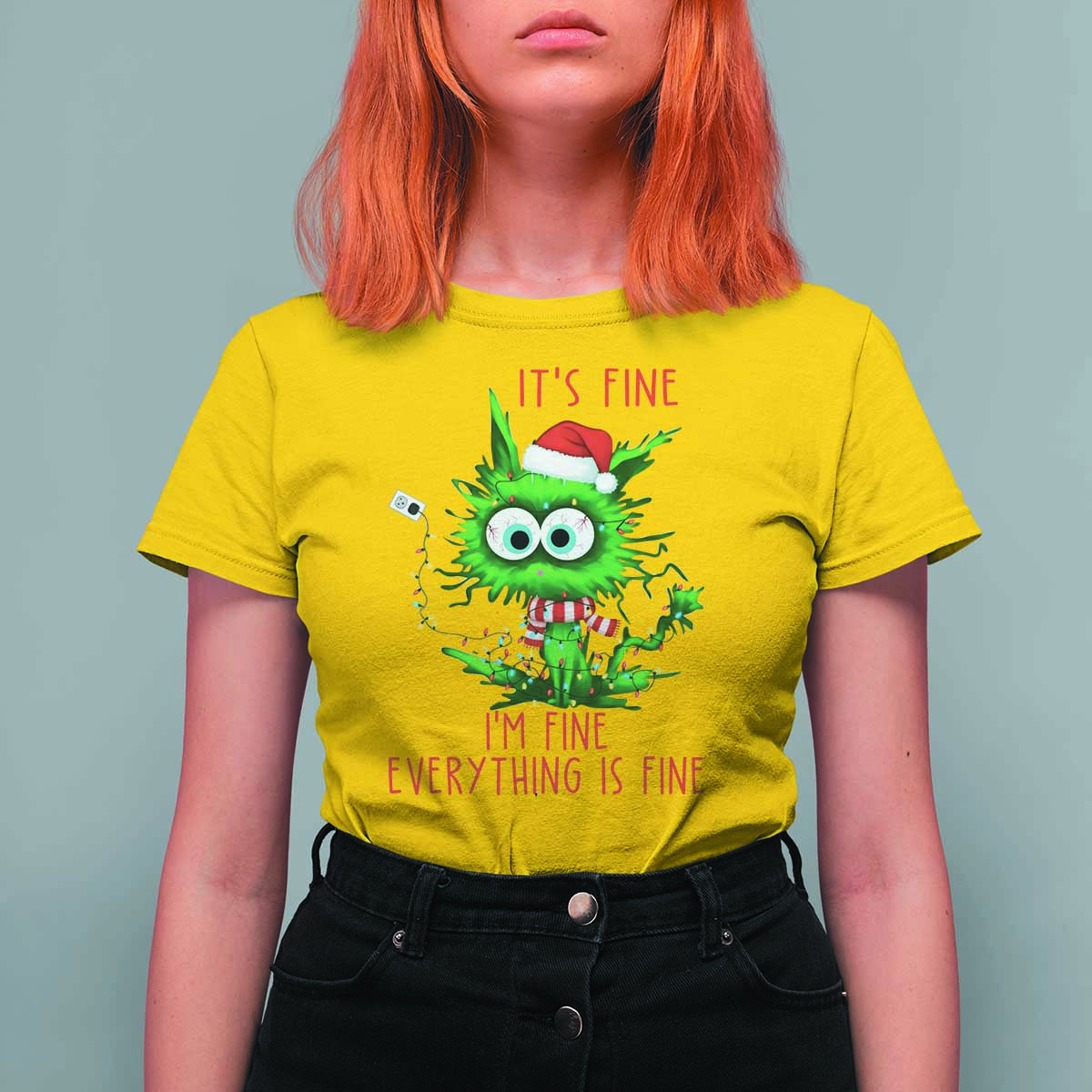 Funny Cat Green Christmas T Shirt For Women It Is Fine I Am Fine Everything Is Fine - Wonder Print Shop