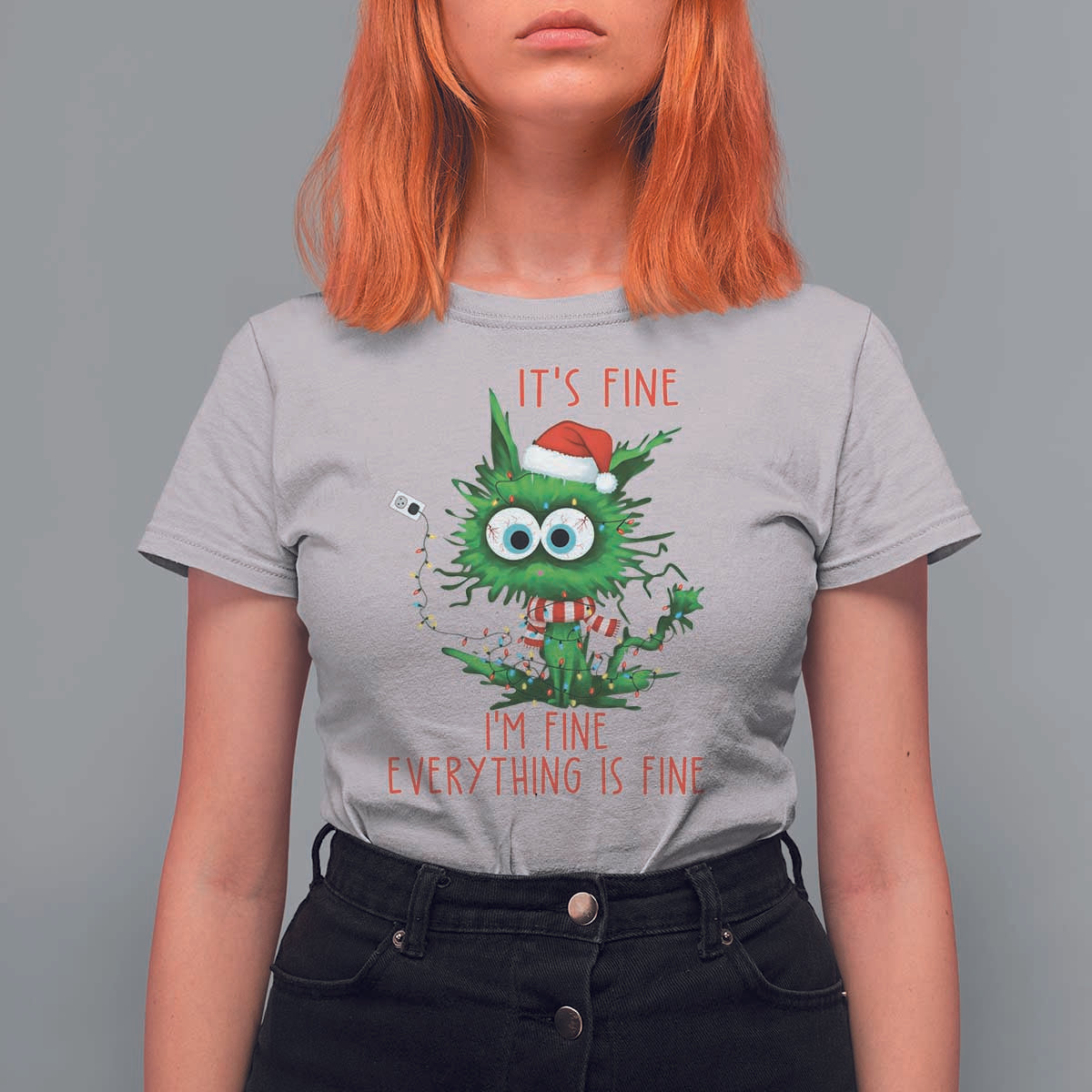 Funny Cat Green Christmas T Shirt For Women It Is Fine I Am Fine Everything Is Fine - Wonder Print Shop