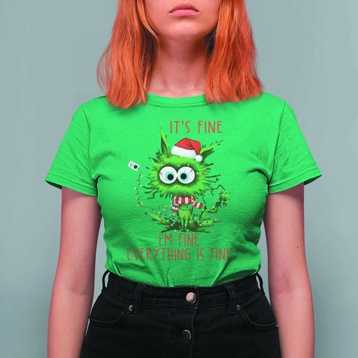Funny Cat Green Christmas T Shirt For Women It Is Fine I Am Fine Everything Is Fine - Wonder Print Shop