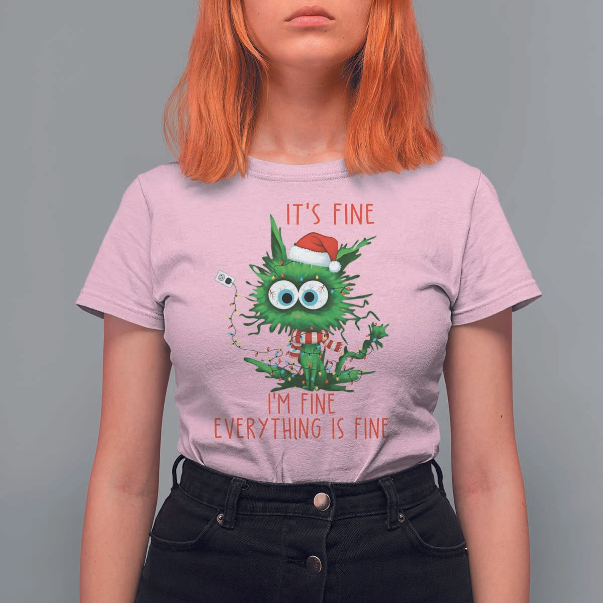 Funny Cat Green Christmas T Shirt For Women It Is Fine I Am Fine Everything Is Fine - Wonder Print Shop