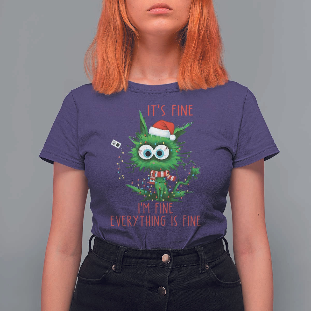Funny Cat Green Christmas T Shirt For Women It Is Fine I Am Fine Everything Is Fine - Wonder Print Shop