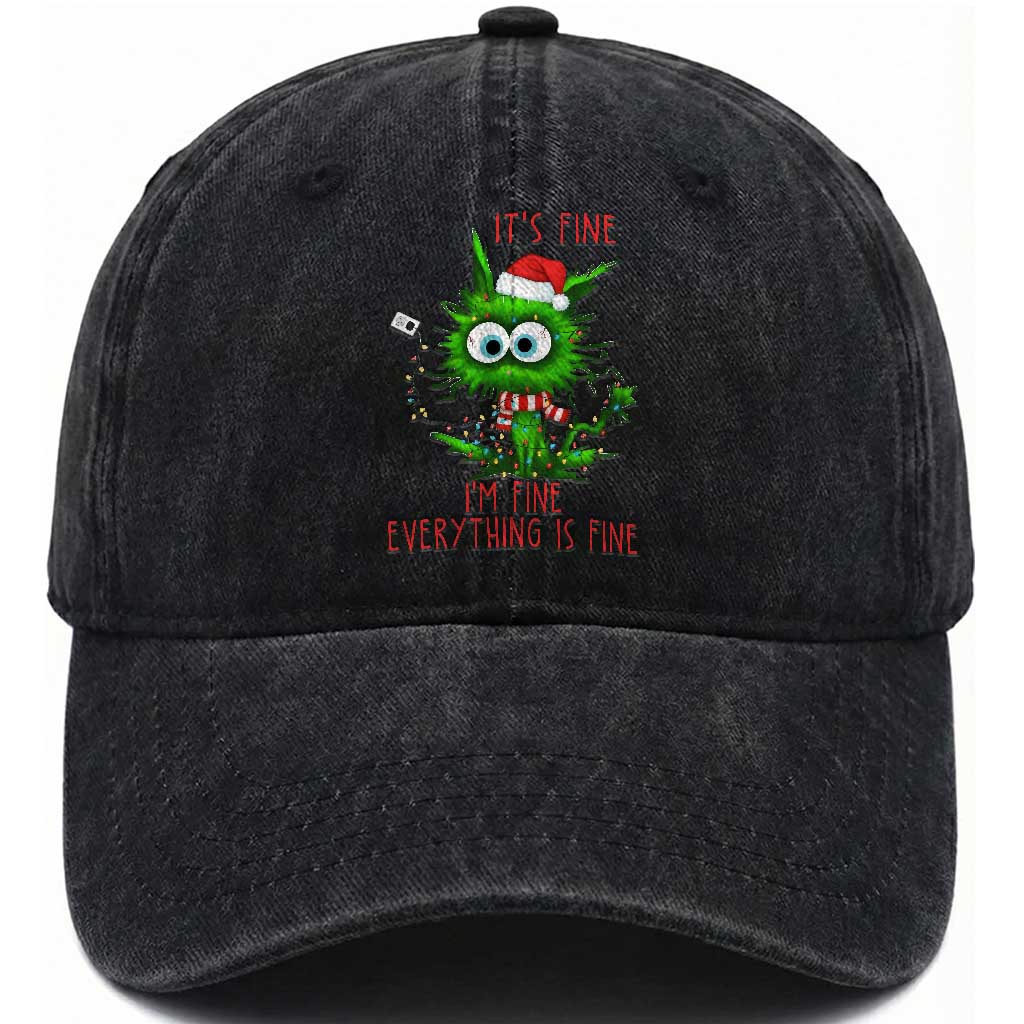 Funny Cat Green Christmas Washed Cotton Baseball Cap It Is Fine I Am Fine Everything Is Fine