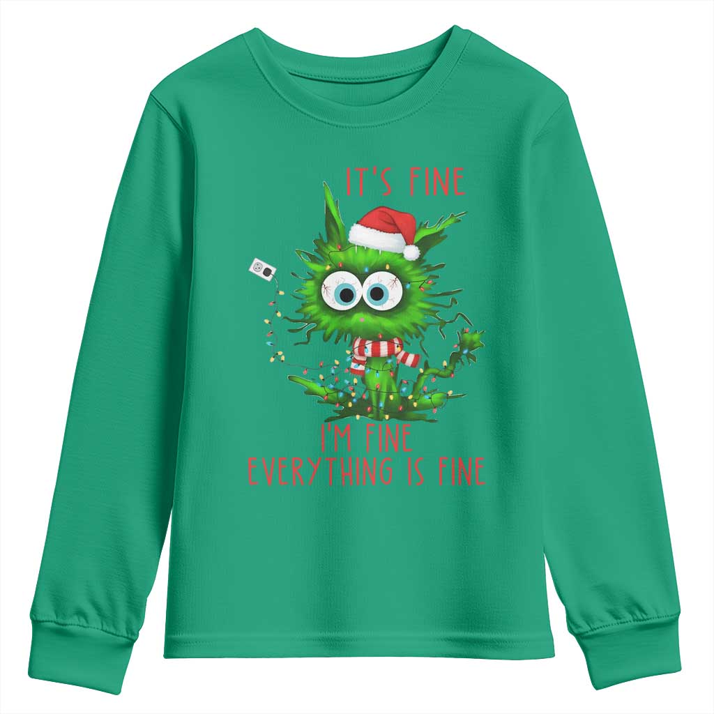 Funny Cat Green Christmas Youth Sweatshirt It Is Fine I Am Fine Everything Is Fine - Wonder Print Shop