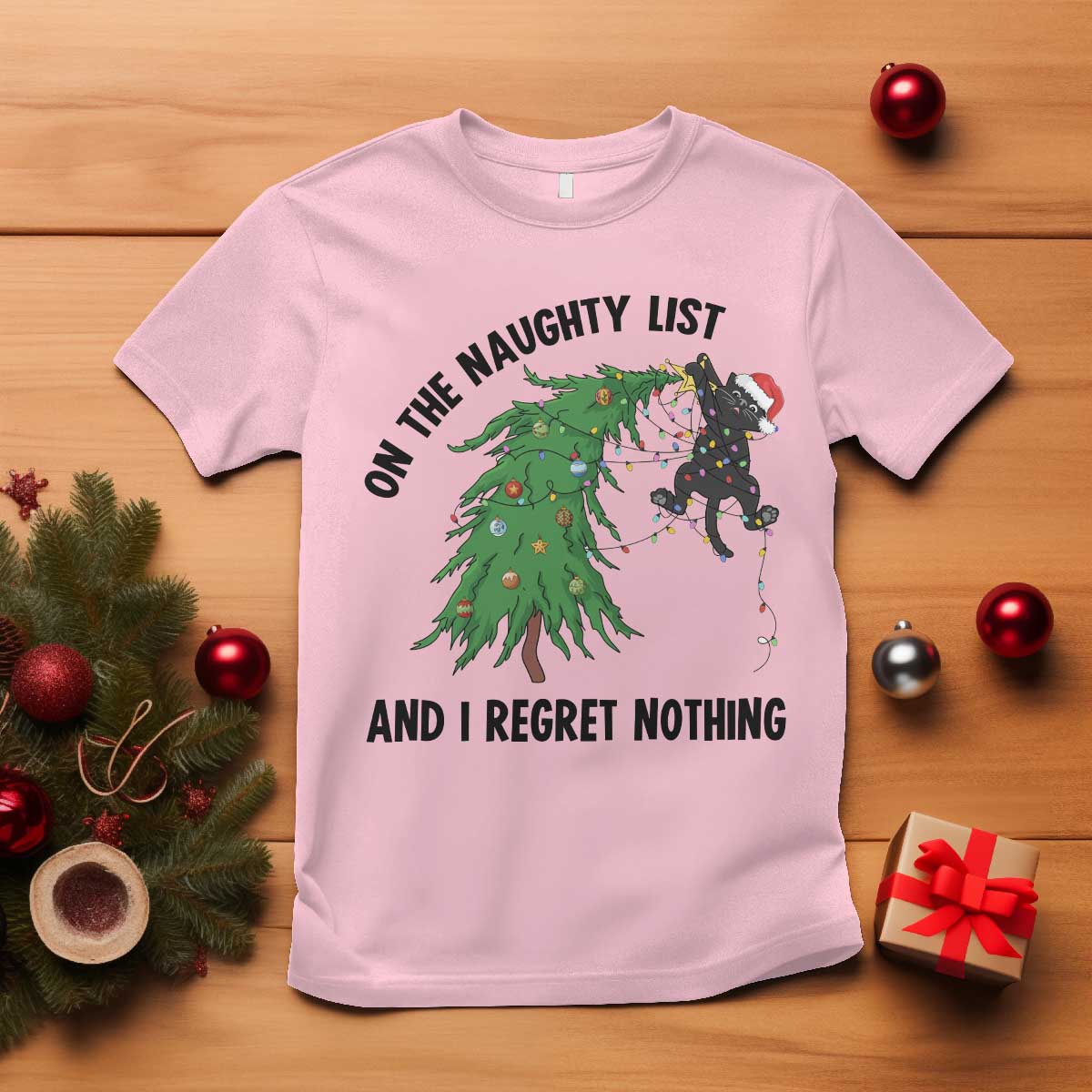 Funny Black Cat Christmas T Shirt On the Naughty List And I Regret Nothing - Wonder Print Shop