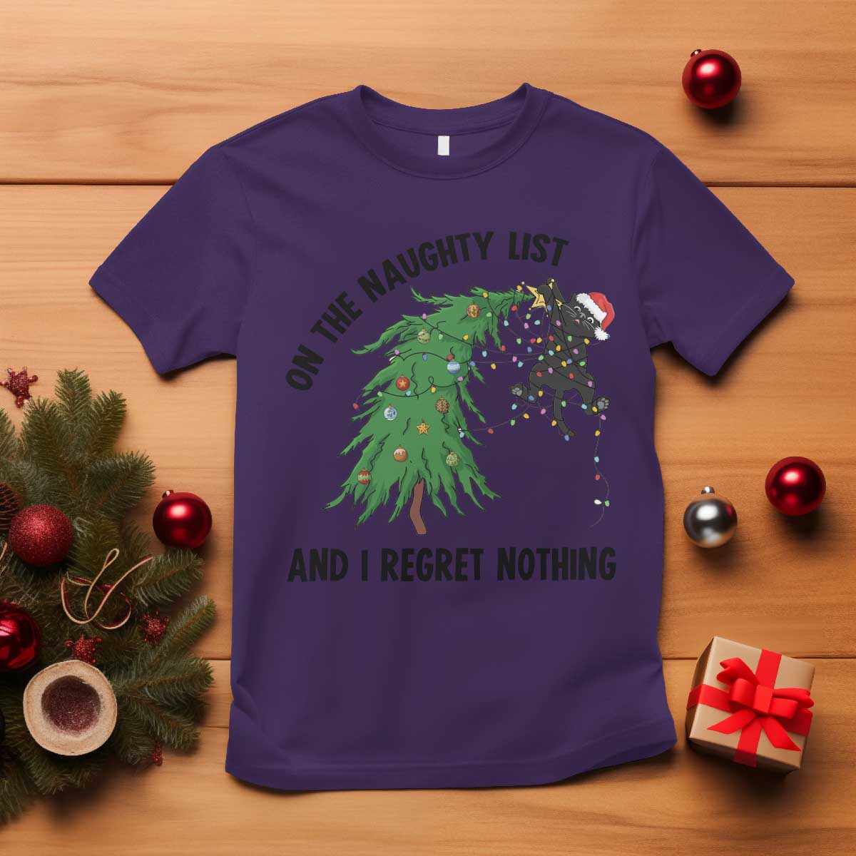 Funny Black Cat Christmas T Shirt On the Naughty List And I Regret Nothing - Wonder Print Shop