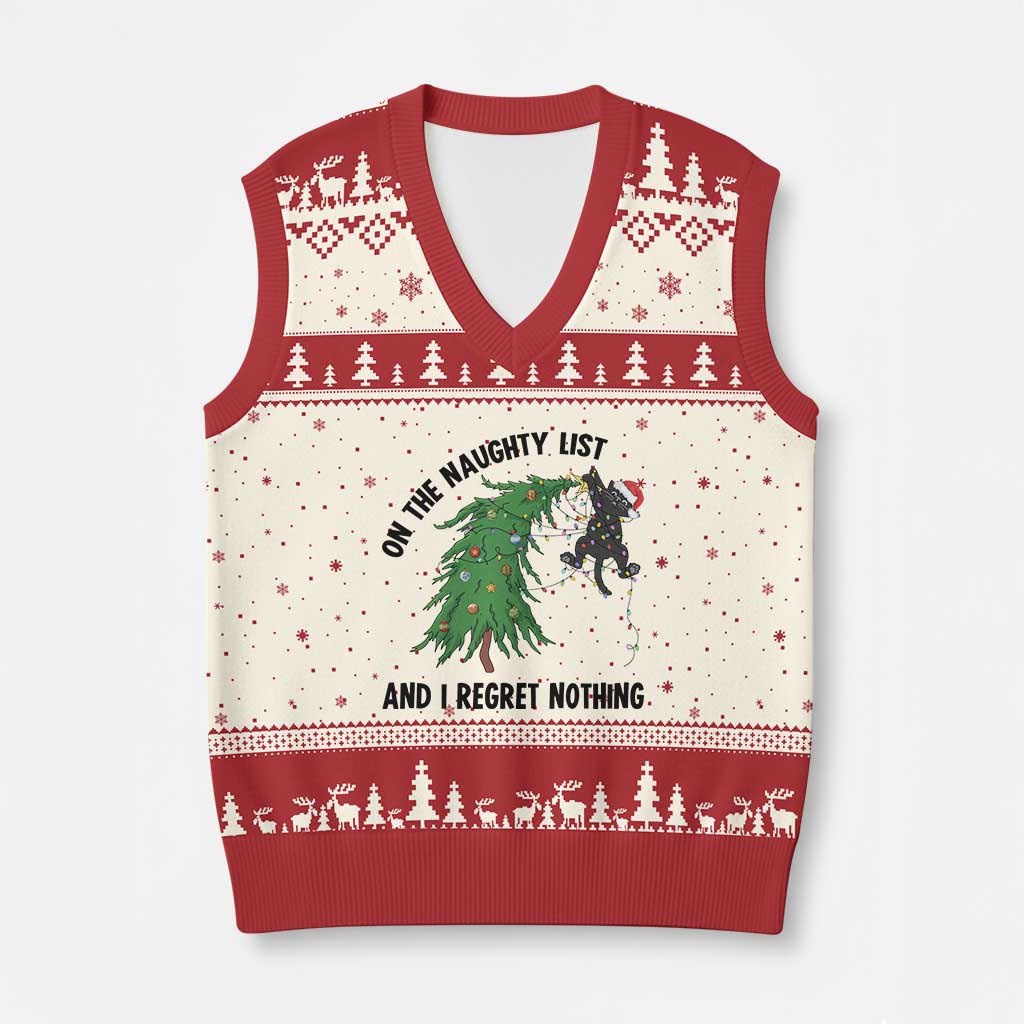 Funny Black Cat Xmas V-Neck Knit Sweater Vest On the Naughty List And I Regret Nothing - Wonder Print Shop