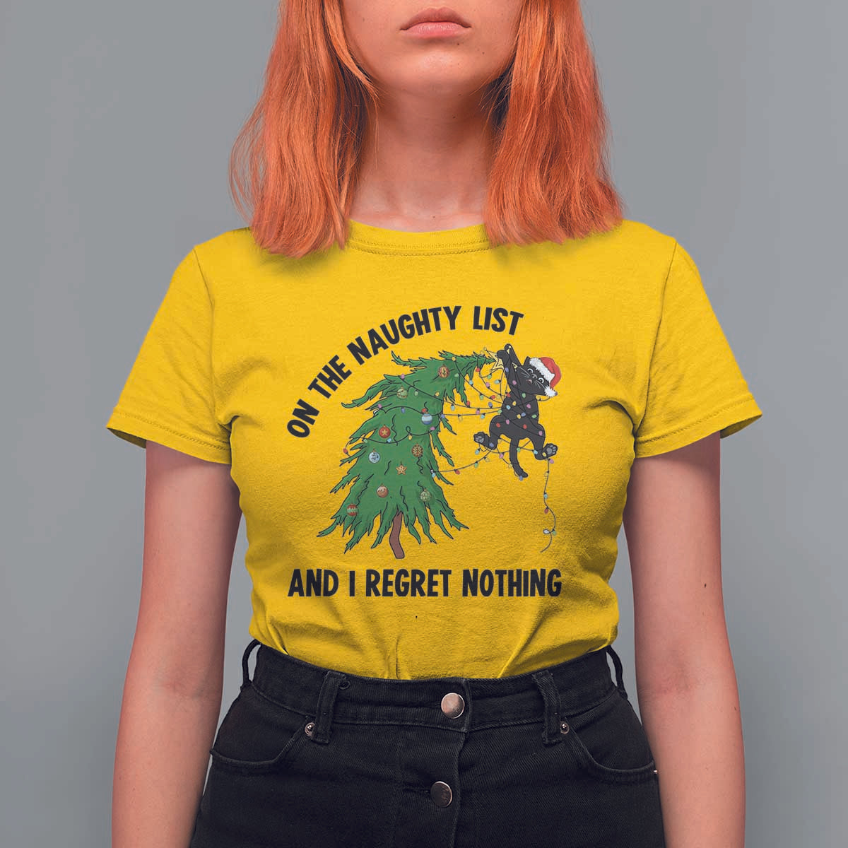 Funny Black Cat Christmas T Shirt For Women On the Naughty List And I Regret Nothing - Wonder Print Shop