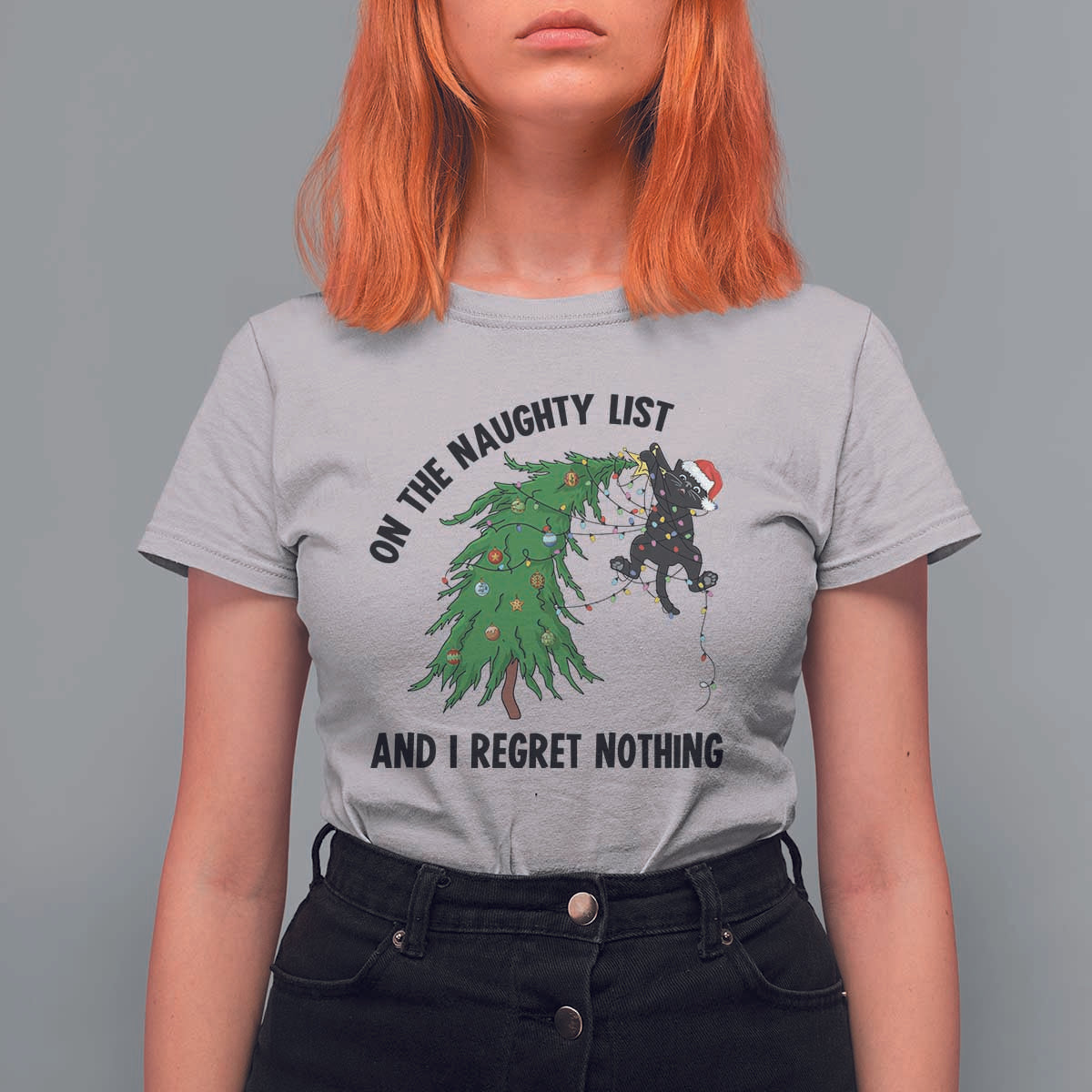 Funny Black Cat Christmas T Shirt For Women On the Naughty List And I Regret Nothing - Wonder Print Shop