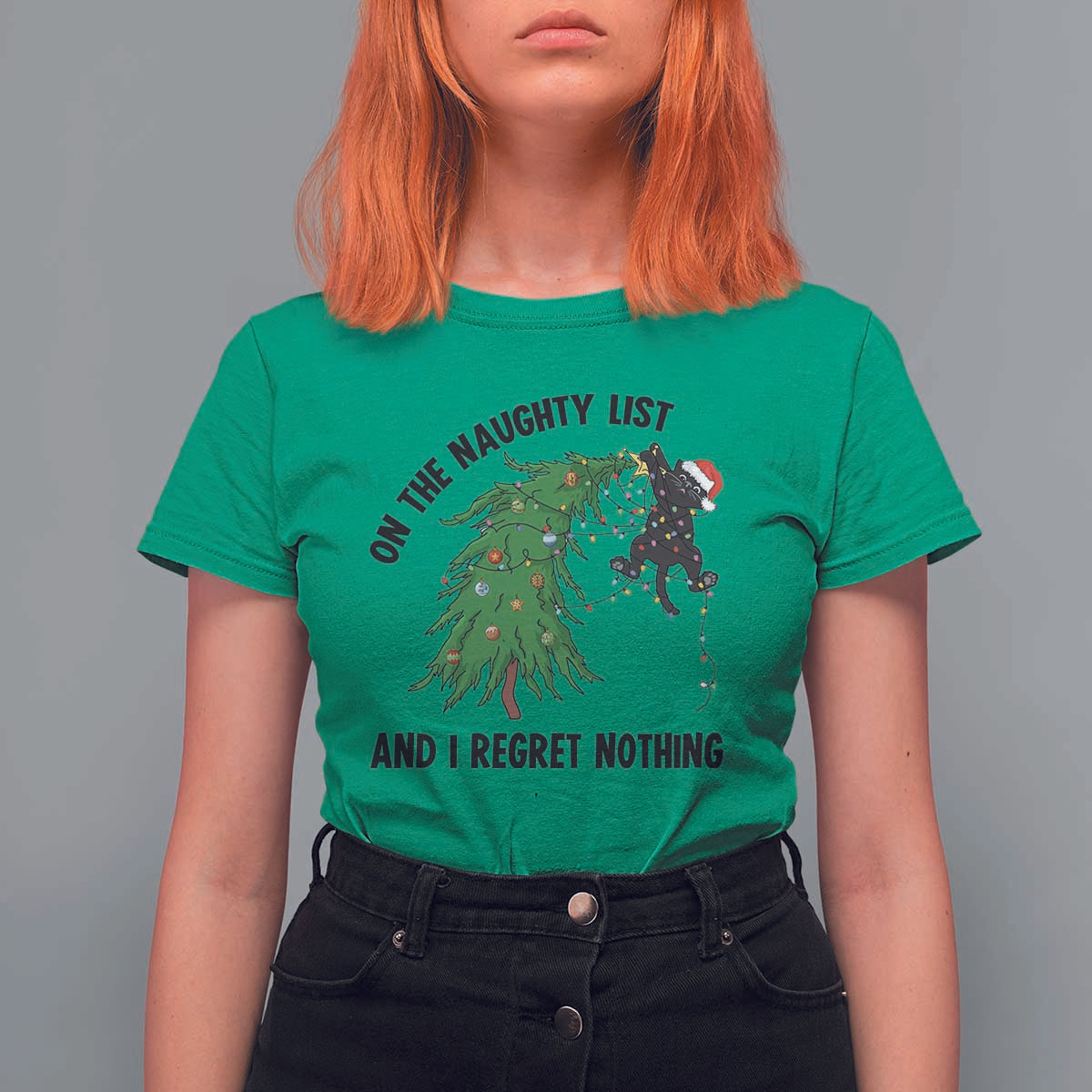 Funny Black Cat Christmas T Shirt For Women On the Naughty List And I Regret Nothing - Wonder Print Shop