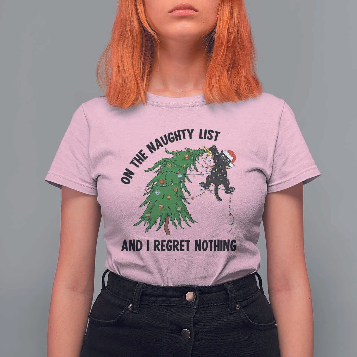 Funny Black Cat Christmas T Shirt For Women On the Naughty List And I Regret Nothing - Wonder Print Shop