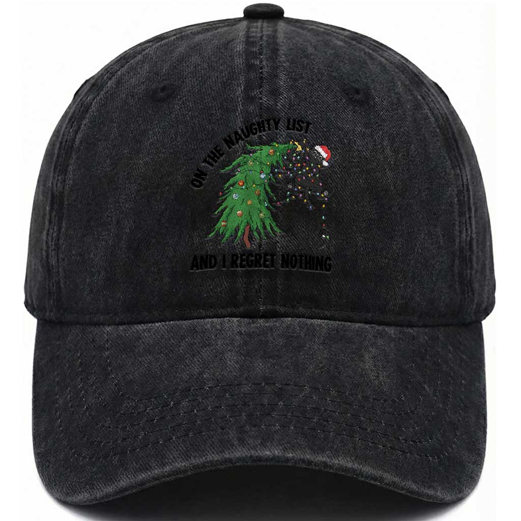 Funny Black Cat Christmas Washed Cotton Baseball Cap On the Naughty List And I Regret Nothing