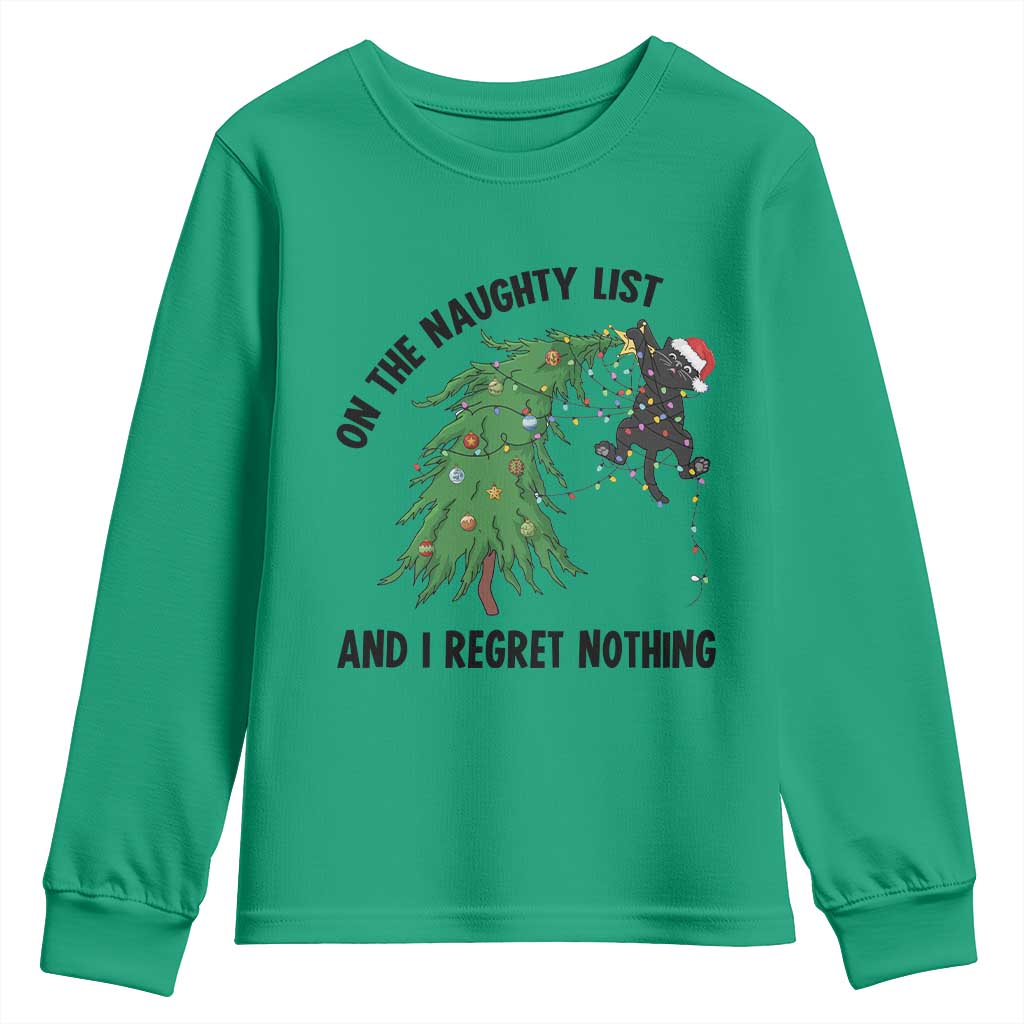 Funny Black Cat Christmas Youth Sweatshirt On the Naughty List And I Regret Nothing - Wonder Print Shop