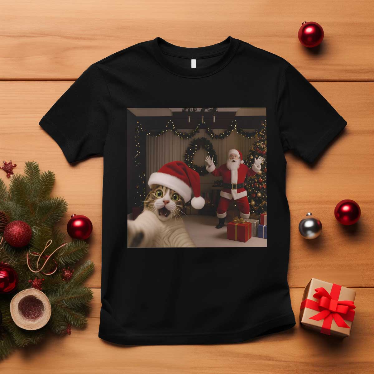 Funny Cat With Santa Selfie Christmas T Shirt - Wonder Print Shop
