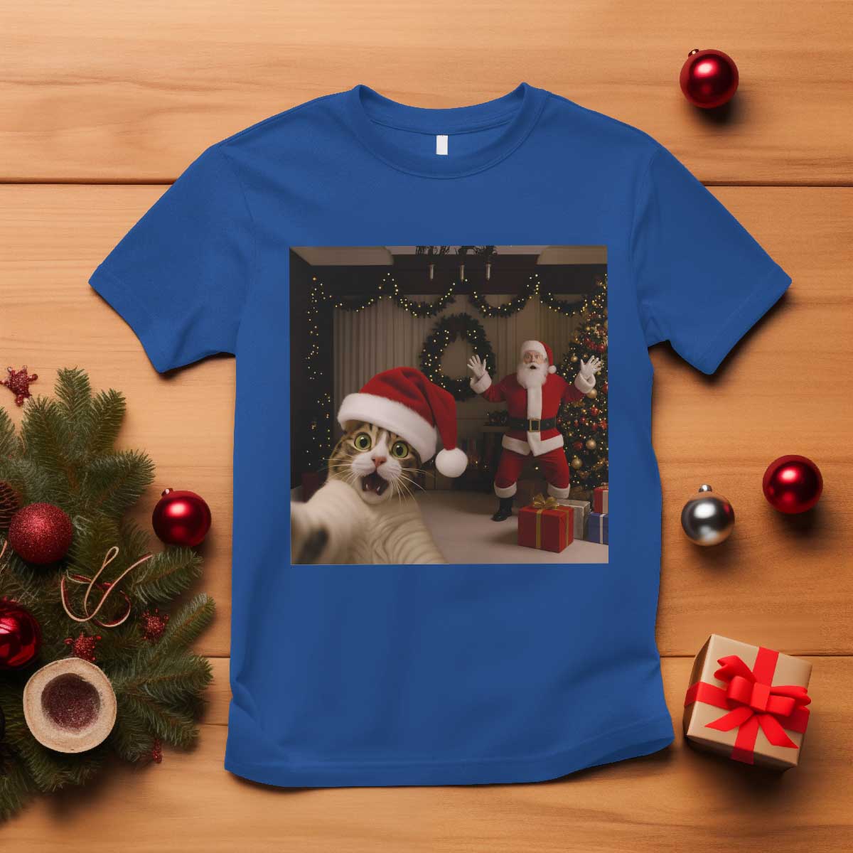 Funny Cat With Santa Selfie Christmas T Shirt - Wonder Print Shop